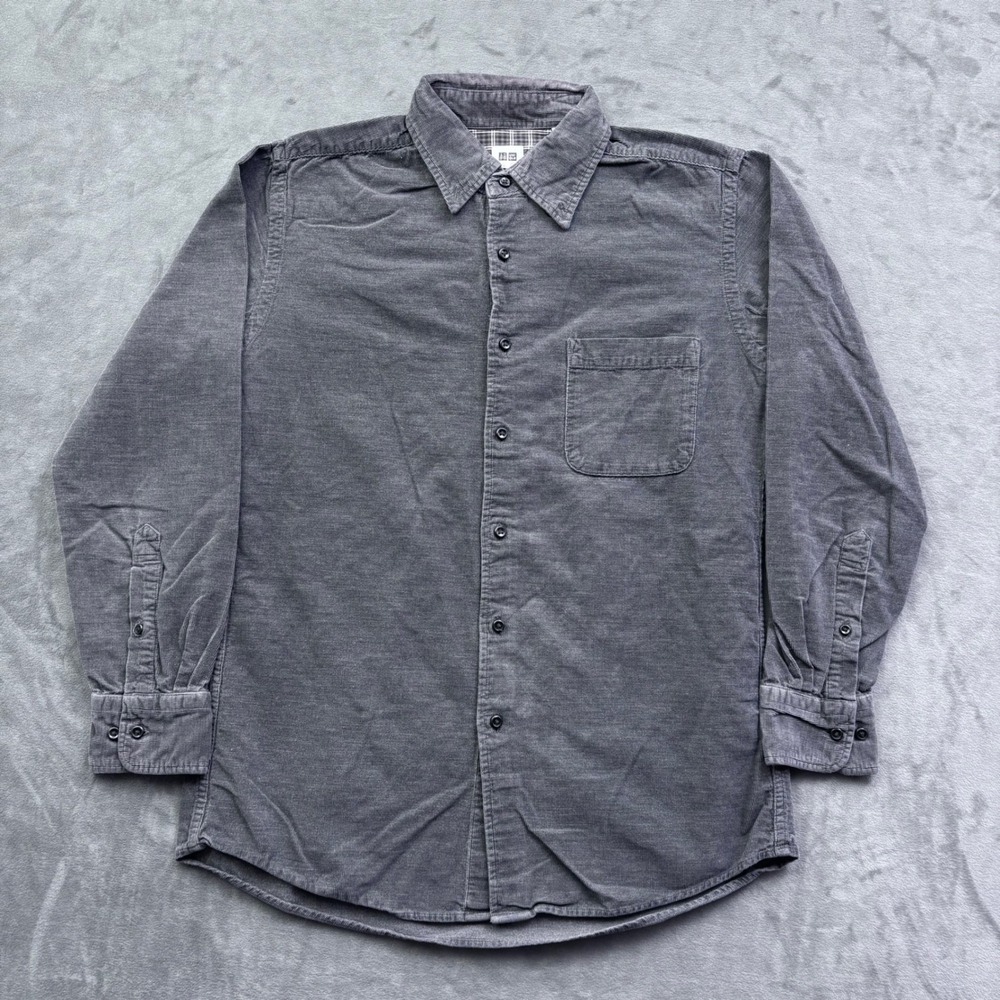 Uniqlo Mens Gray Corduroy Long Sleeve Button Down Shirt Size M Pocket